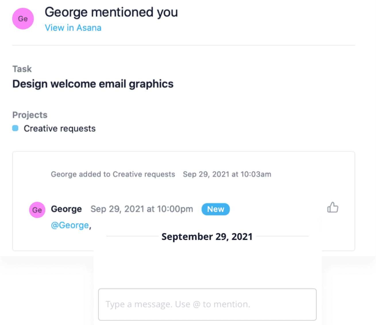 Asana email notification about a mention, with a reply box below