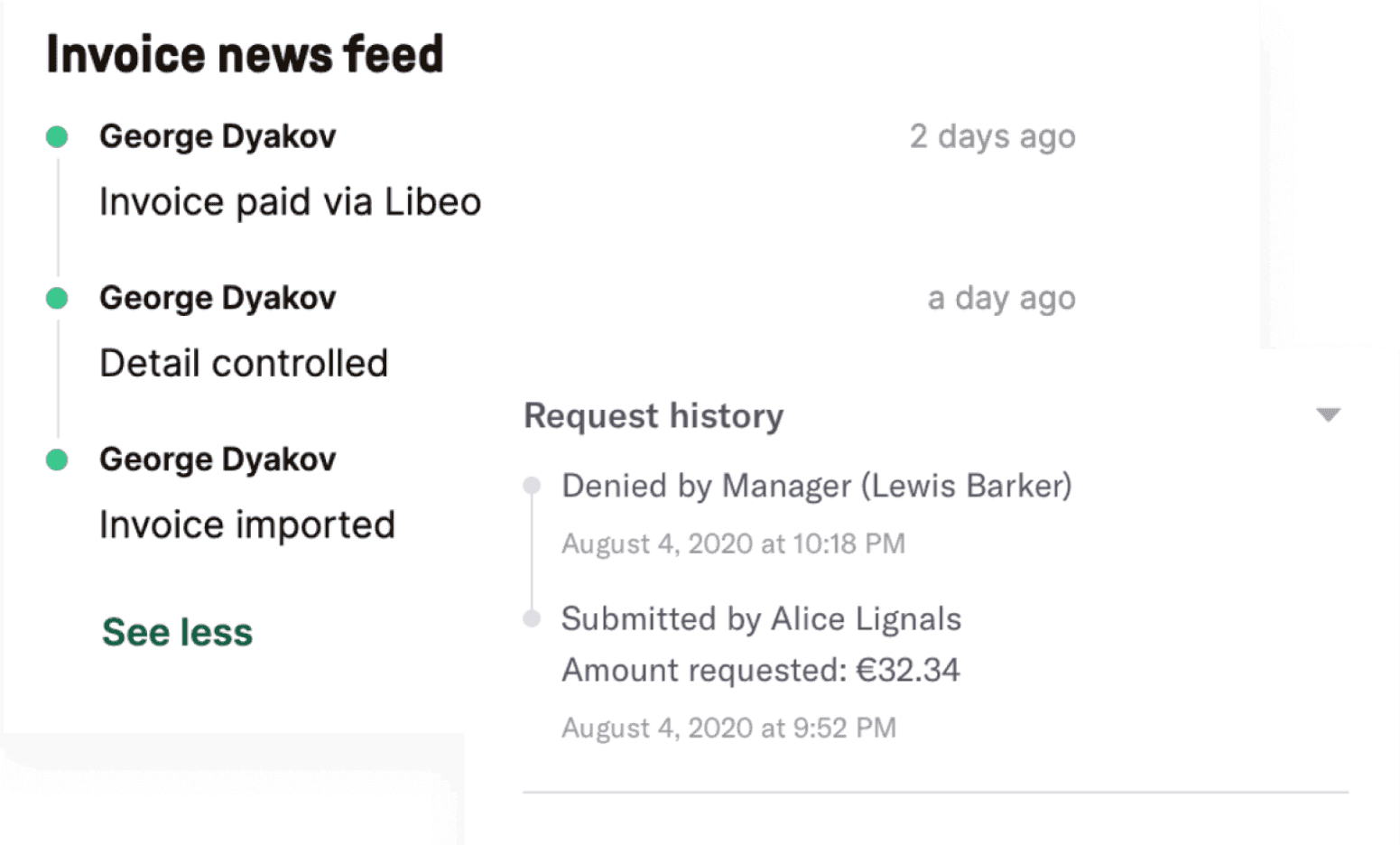 Invoice news feed timeline next to a request history log with submitted and denied entries