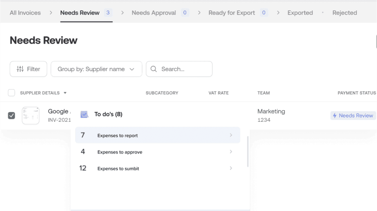 Invoices list with a to-do's dropdown of expenses to report, approve and submit