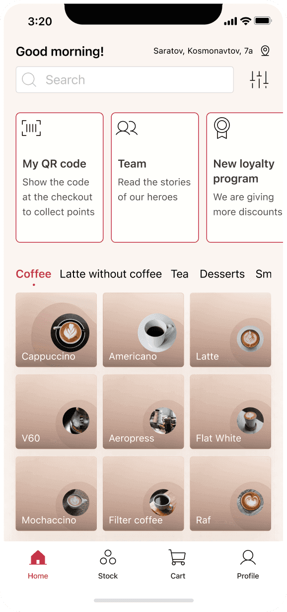 Concept app screen with the drink menu