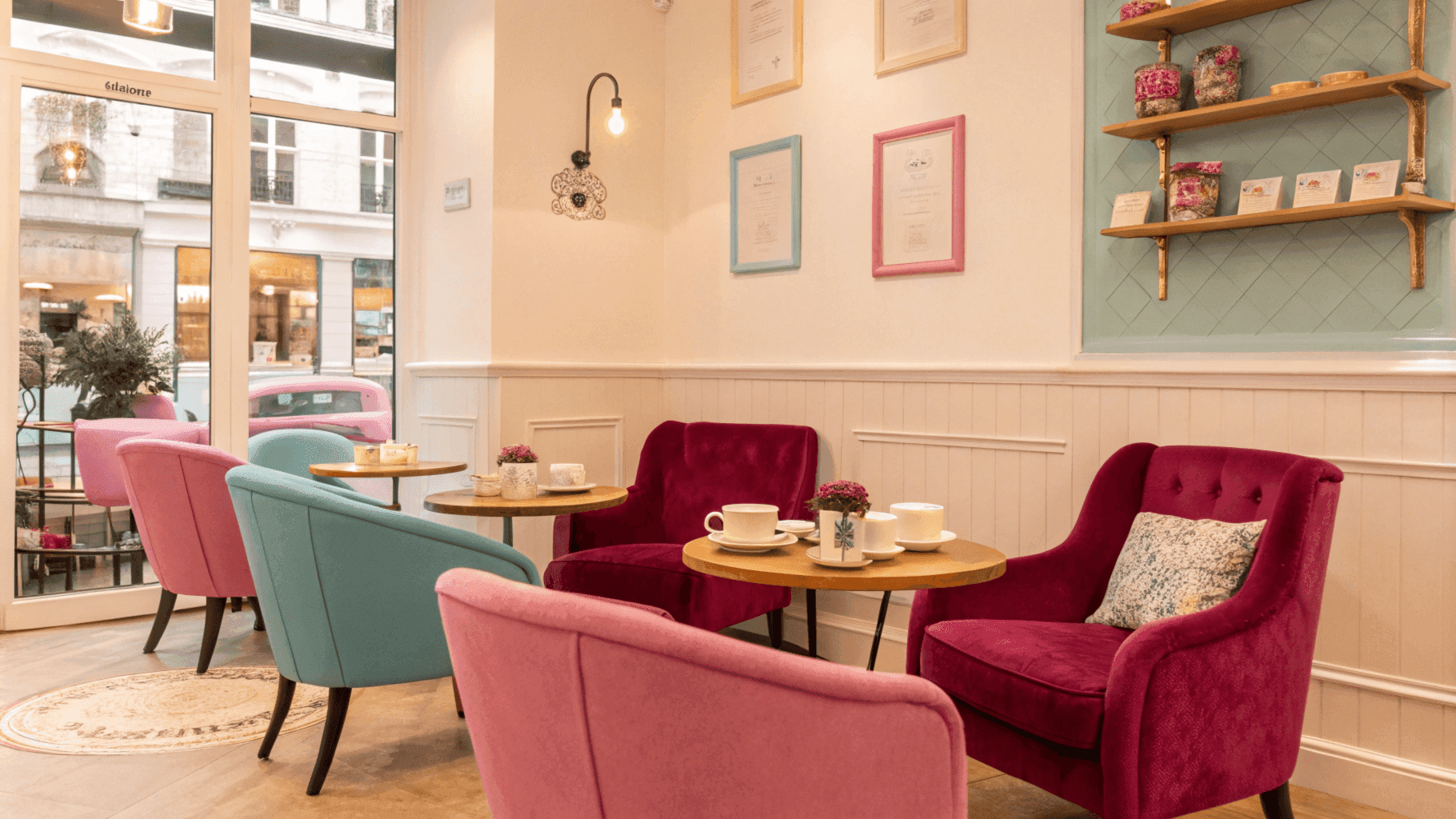 Interior of the coffee shop with red velvet chairs