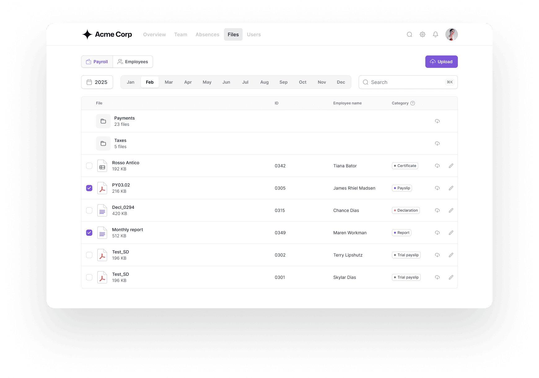 File management UI — Acme Corp Files tab