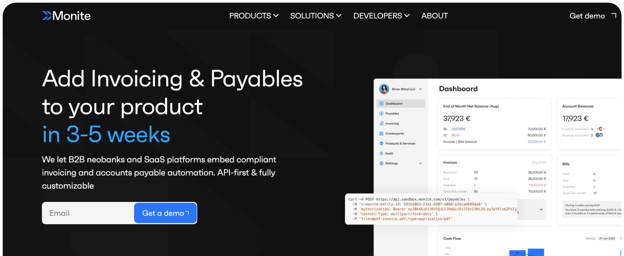 Monite landing page — add invoicing and payables to your product