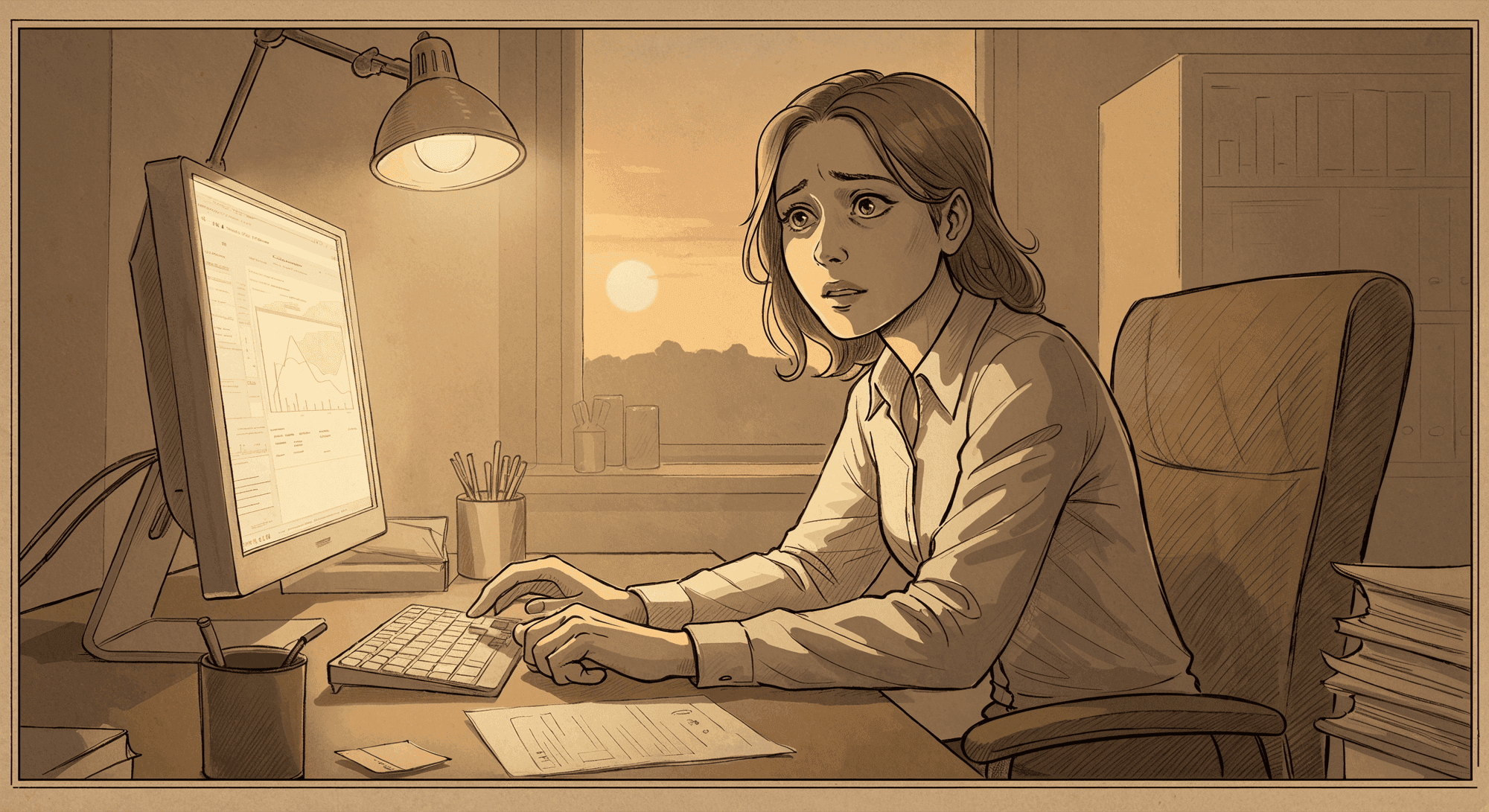 Illustration of an anxious HR admin looking at a confirmation screen